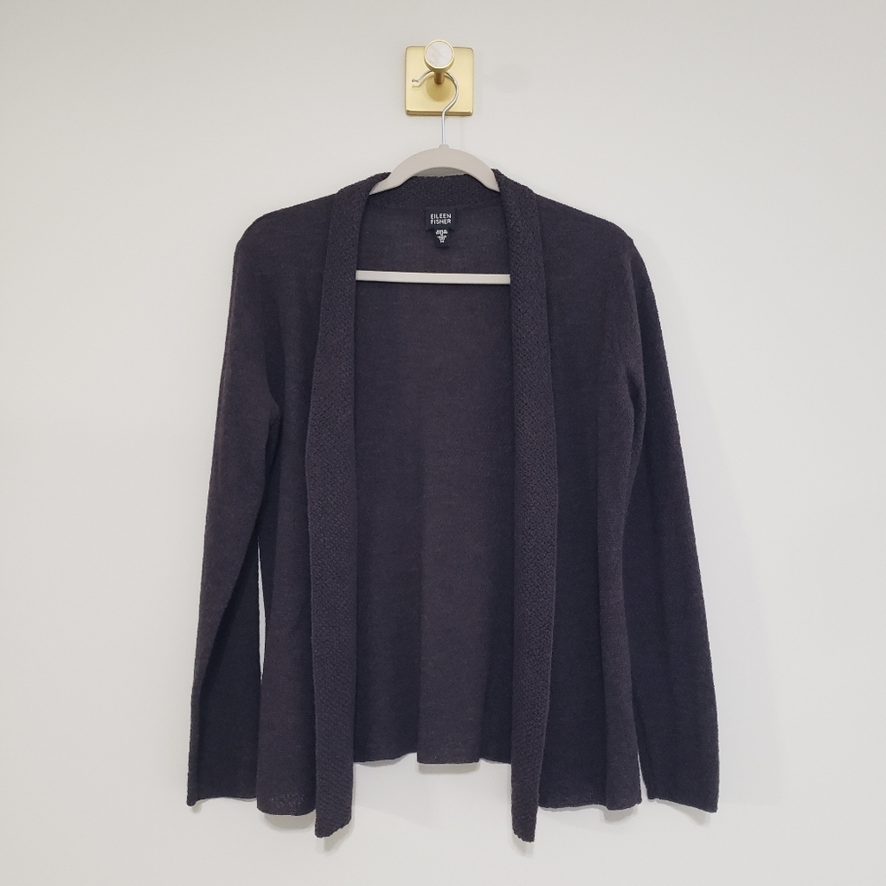 Eileen Fisher Wool Cardigan Sweater Women Medium Charcoal Gray Open-Front *Flaw*